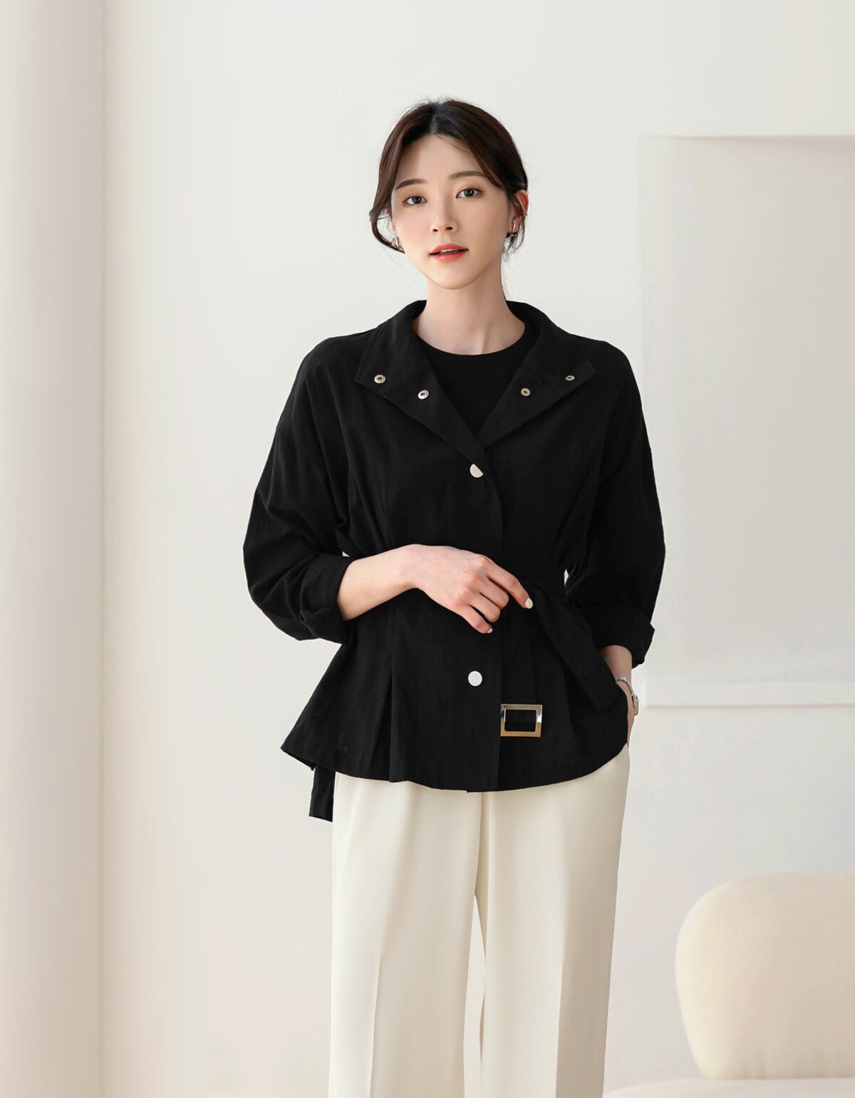 Korean Style Short Jacket Blouse / Spring Summer Top Jacket with Belt / Everyday Soft Jacket