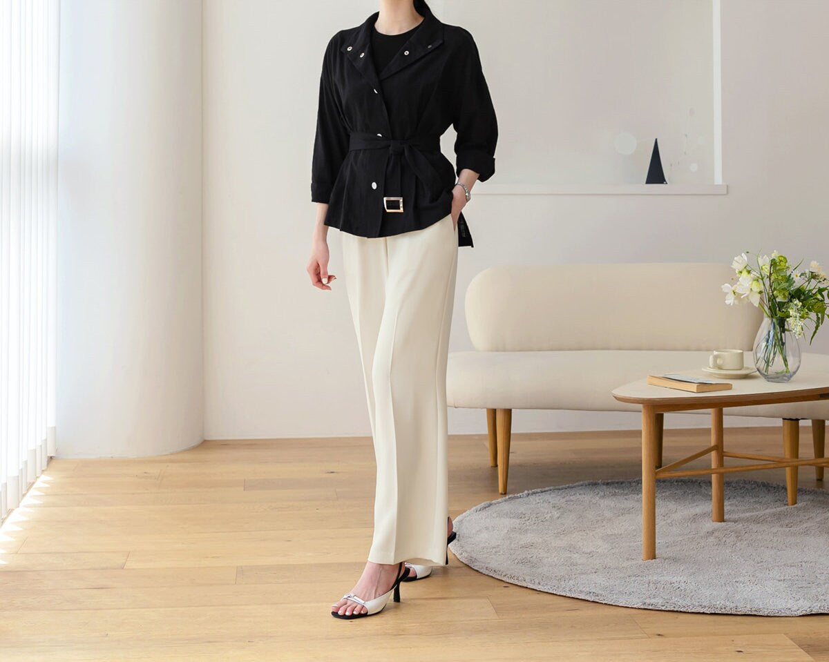 Korean Style Short Jacket Blouse / Spring Summer Top Jacket with Belt / Everyday Soft Jacket