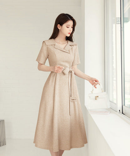 Elegant Feminine Tweed Dress / Korean Style Beige Midi Dress / Luxury wear Elegant Dress for Spring to Fall