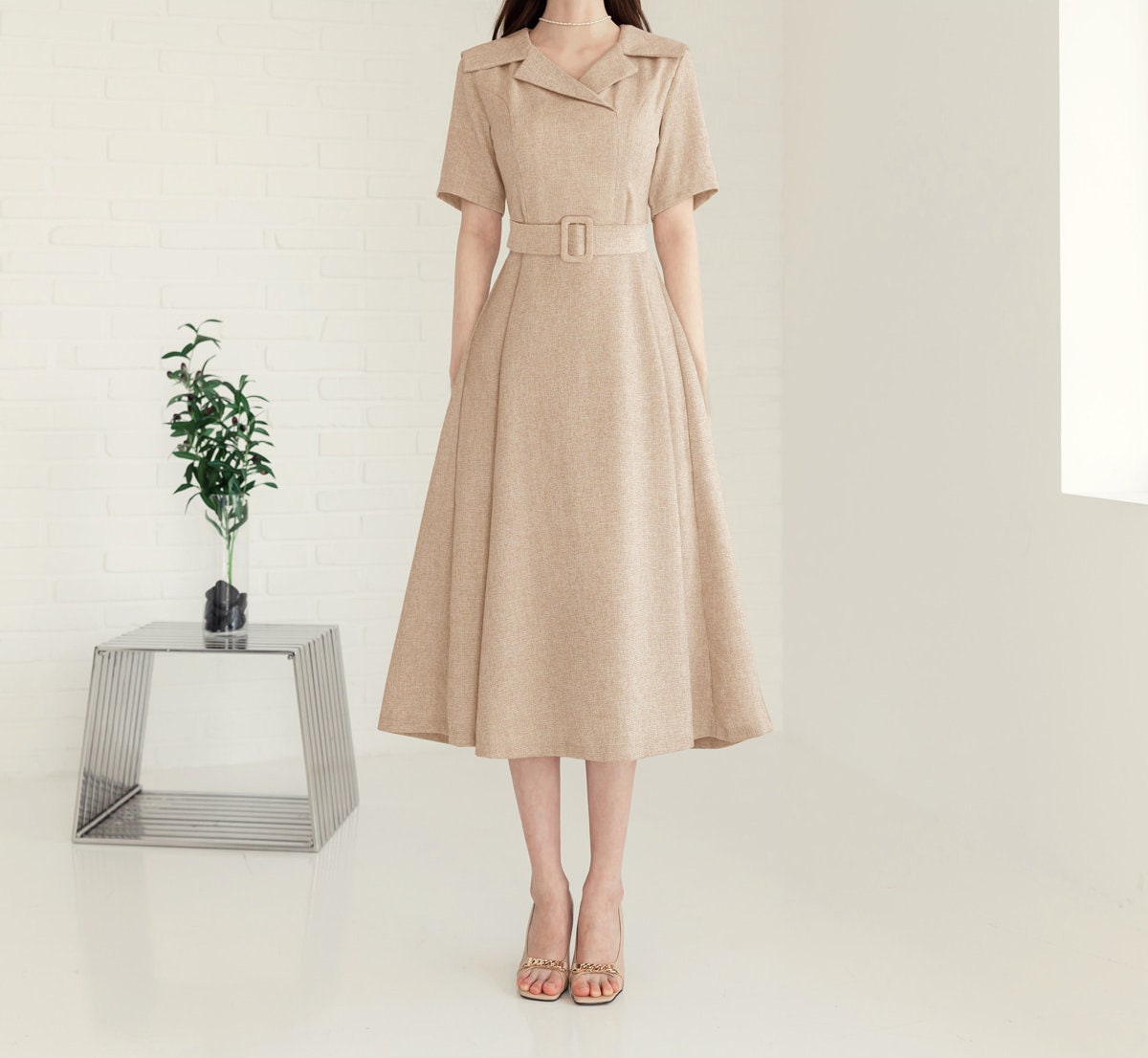 Elegant Feminine Tweed Dress / Korean Style Beige Midi Dress / Luxury wear Elegant Dress for Spring to Fall