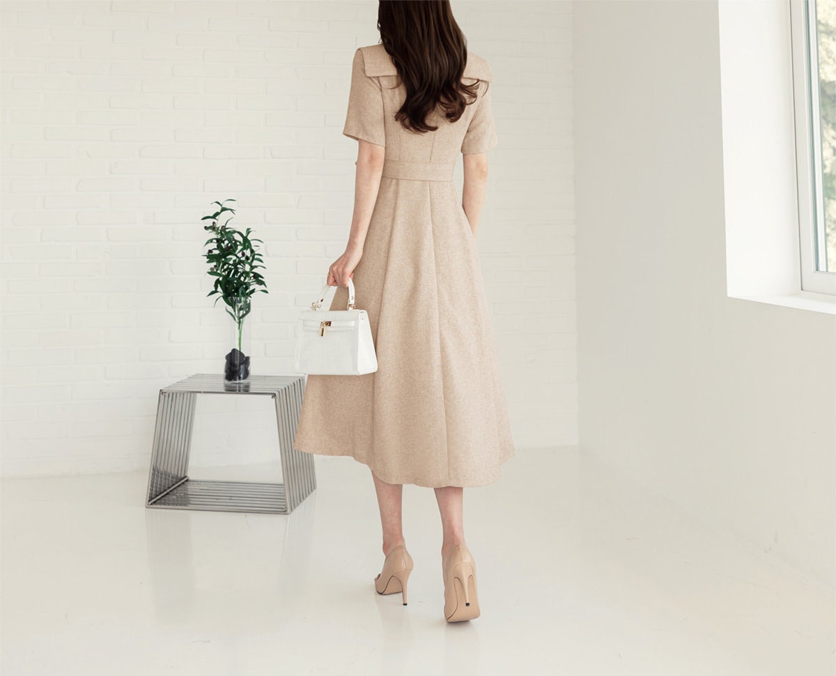 Elegant Feminine Tweed Dress / Korean Style Beige Midi Dress / Luxury wear Elegant Dress for Spring to Fall