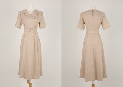 Elegant Feminine Tweed Dress / Korean Style Beige Midi Dress / Luxury wear Elegant Dress for Spring to Fall