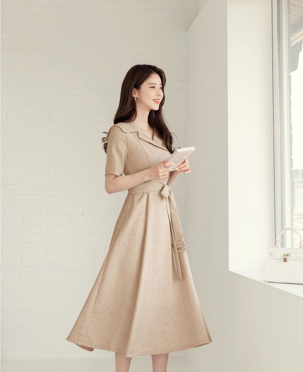 Elegant Feminine Tweed Dress / Korean Style Beige Midi Dress / Luxury wear Elegant Dress for Spring to Fall