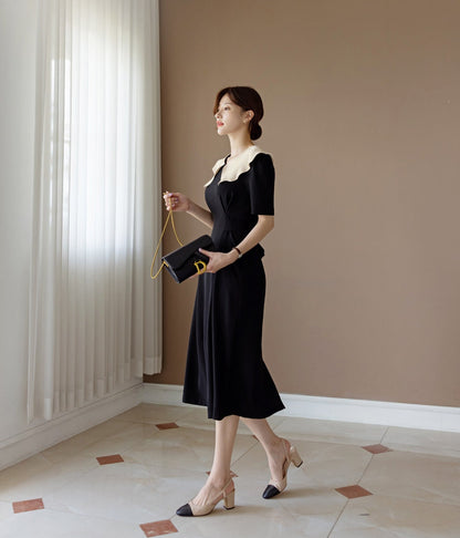 Feminine Elegant Dress / Korean Style Midi Dress with Short Sleeve / Elegant Dress with waist strap