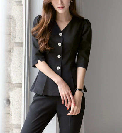 Elegant Unique Peplum Top Jacket / Korean Style Feminin Style V Neck Summer Top Jacket / Front Button Top Jacket / Daily Top Jacket