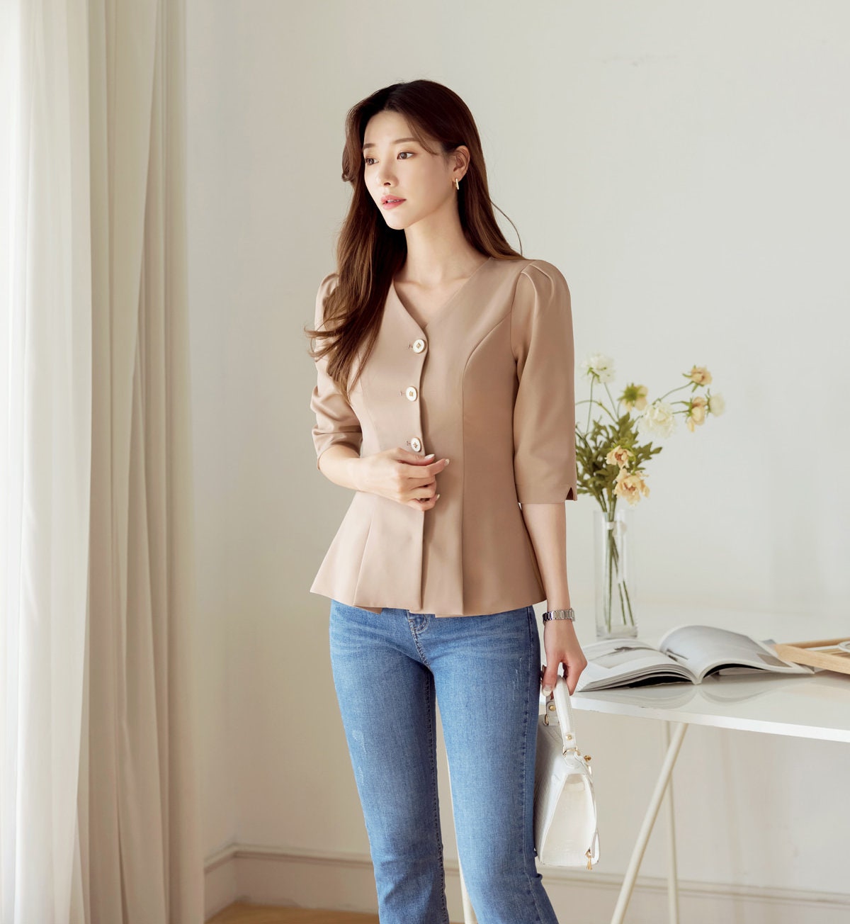 Elegant Unique Peplum Top Jacket / Korean Style Feminin Style V Neck Summer Top Jacket / Front Button Top Jacket / Daily Top Jacket