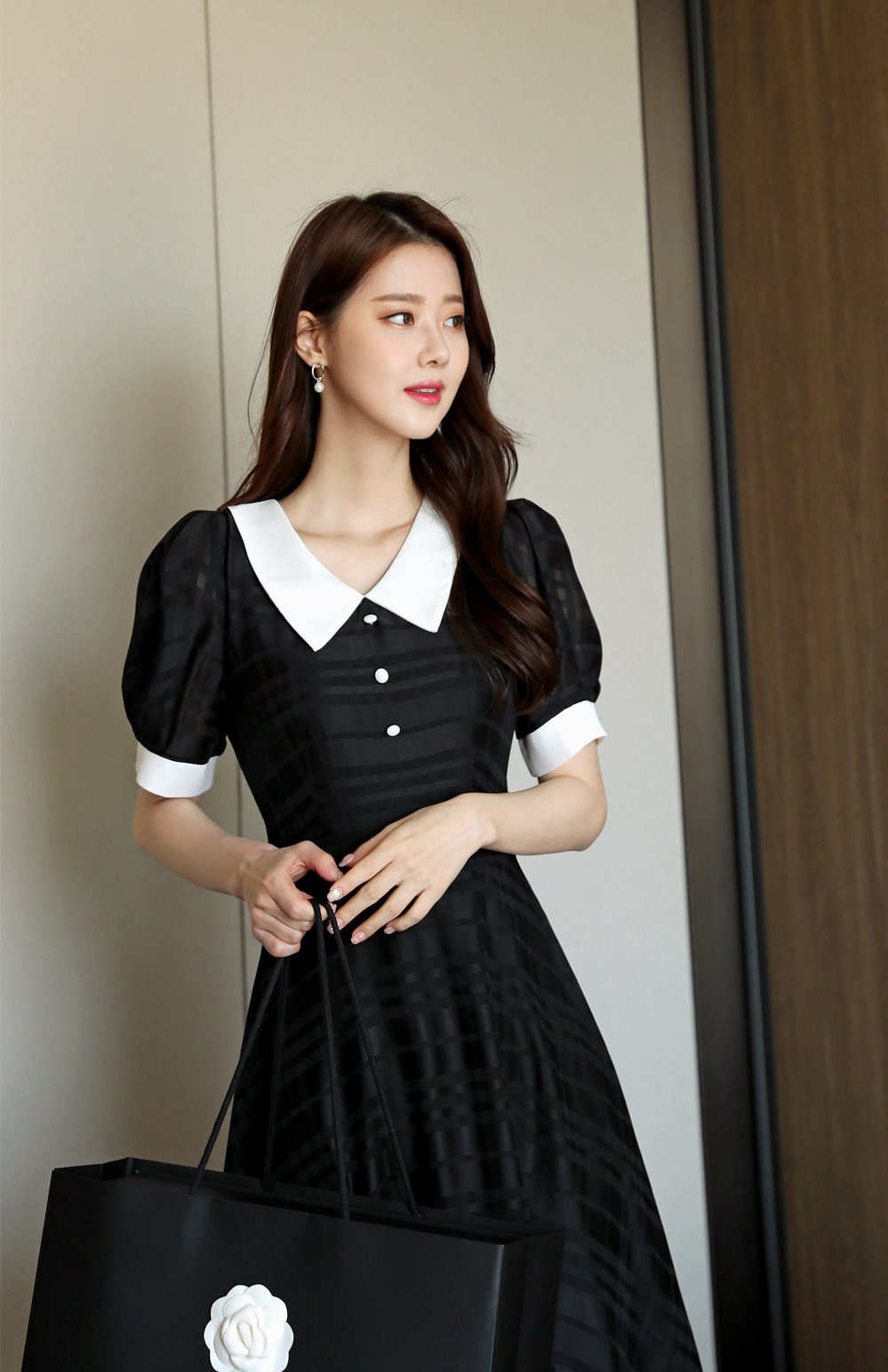 Elegant Feminin Summer Black Dress / Korean Style Short Sleeve Mini Dress / Luxury wear Elegant Black Dress