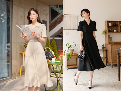 Elegant Feminin Flare Dress with Belt / Korean Style Belt Point Simple Midi Dress / Spring Summer Basic Short Sleeve V Neck Dress