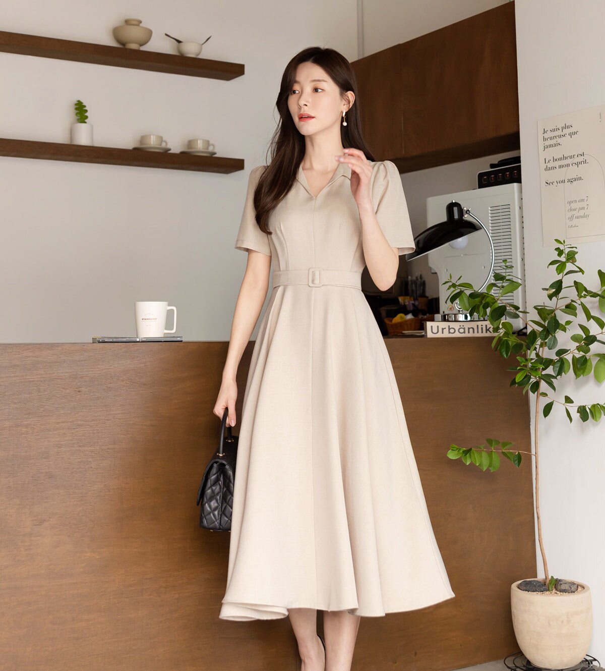 Elegant Feminin Flare Dress with Belt / Korean Style Belt Point Simple Midi Dress / Spring Summer Basic Short Sleeve V Neck Dress