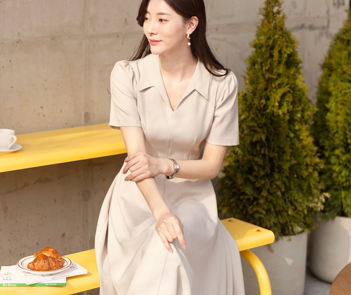 Elegant Feminin Flare Dress with Belt / Korean Style Belt Point Simple Midi Dress / Spring Summer Basic Short Sleeve V Neck Dress