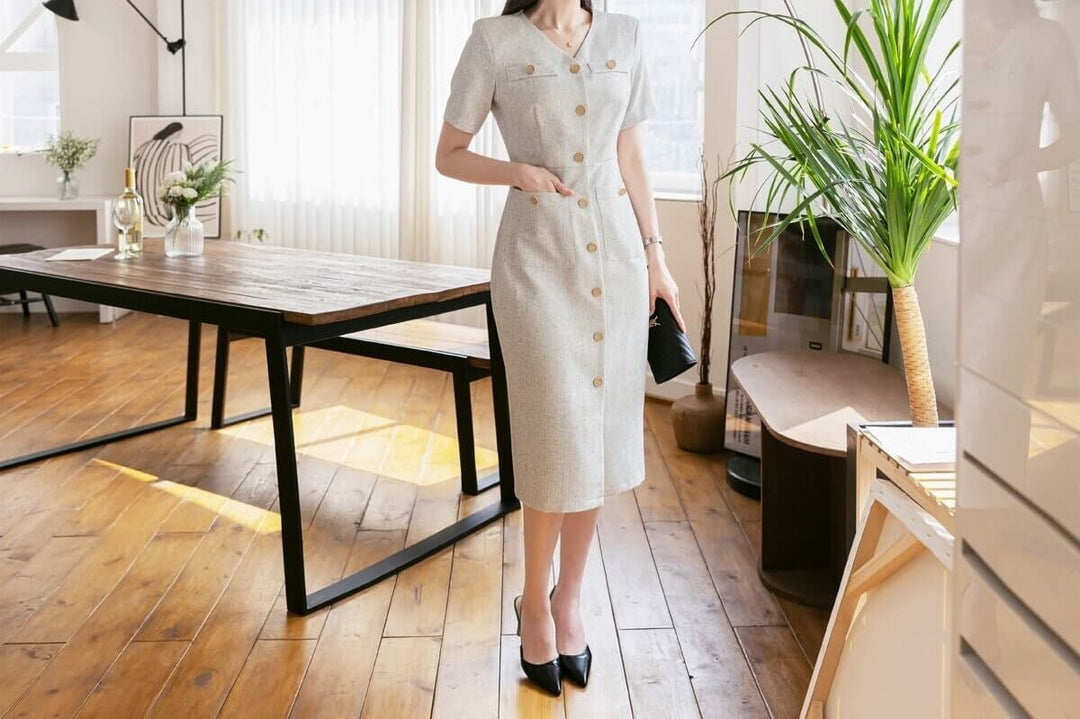 summer tweed midi dress Short Sleeve H-Line Summer Tweed Midi Dress – STUDIO731