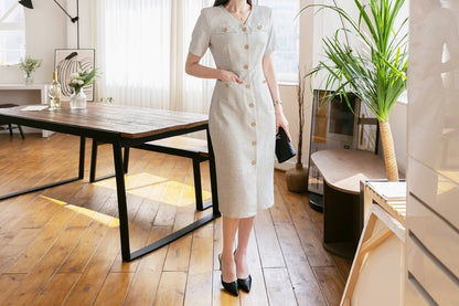 Short Sleeve H-Line Midi Dress / Elegant Front Button Dress / Korean Style V-neck Simple Dress / Luxury Unique Tweed Dress for Spring Summer