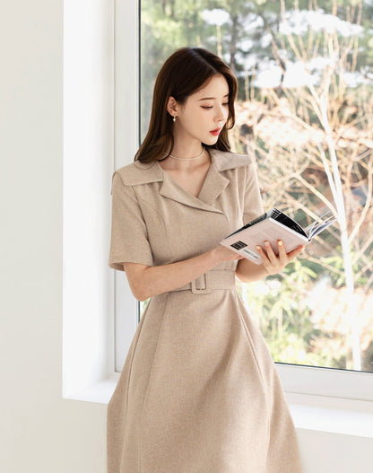 Elegant Feminine Tweed Dress / Korean Style Beige Midi Dress / Luxury wear Elegant Dress for Spring to Fall