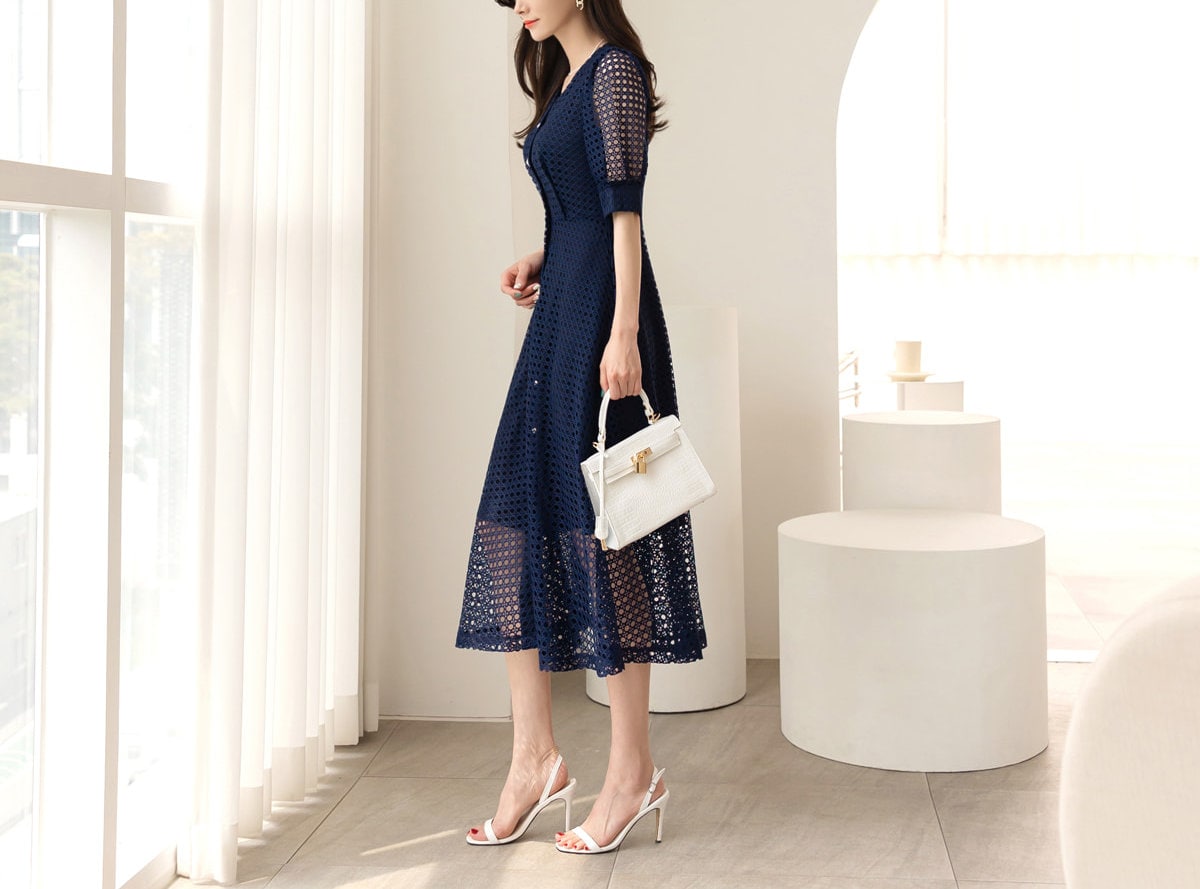 V Neck Puff Sleeve Eyelet Lace Button Long Dress / Korean Style Elegant Feminin Shirtdress / Short Sleeve Midi Dress in Navy Color