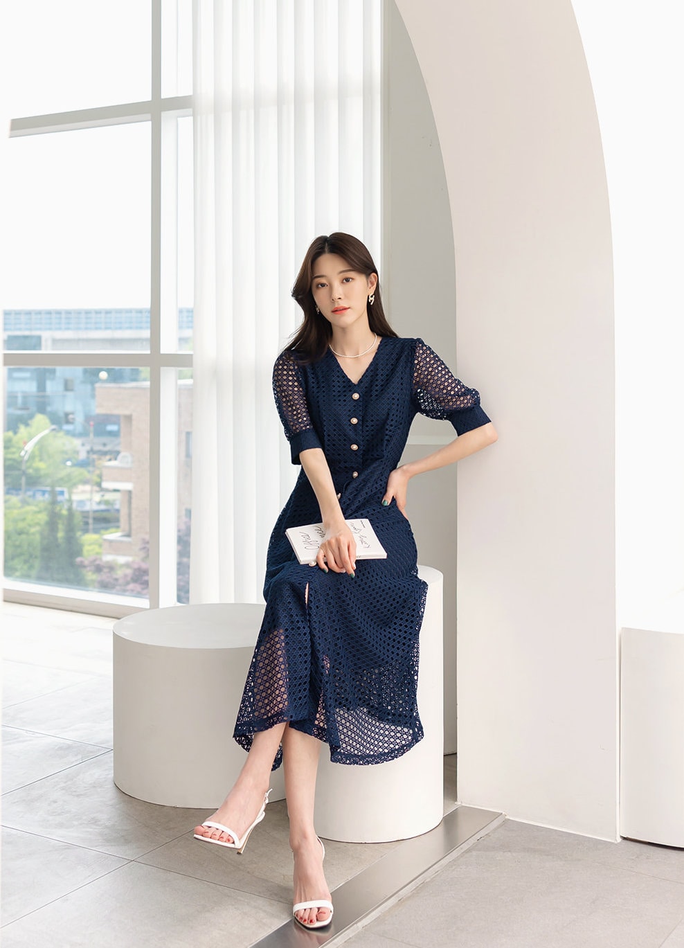 V Neck Puff Sleeve Eyelet Lace Button Long Dress / Korean Style Elegant Feminin Shirtdress / Short Sleeve Midi Dress in Navy Color