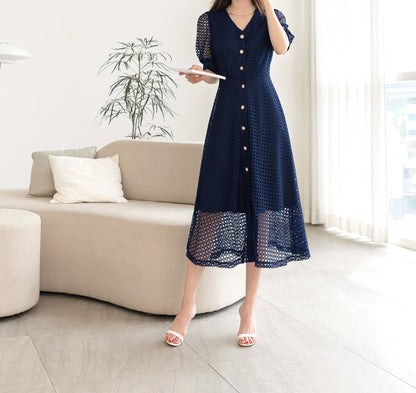 V Neck Puff Sleeve Eyelet Lace Button Long Dress / Korean Style Elegant Feminin Shirtdress / Short Sleeve Midi Dress in Navy Color