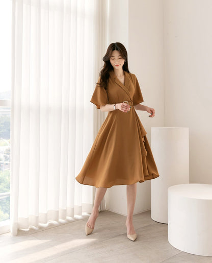 Draped Midi Dress / V-neck Spring Summer Dress / Korean Style Women Dress / Elegant Feminin Dress