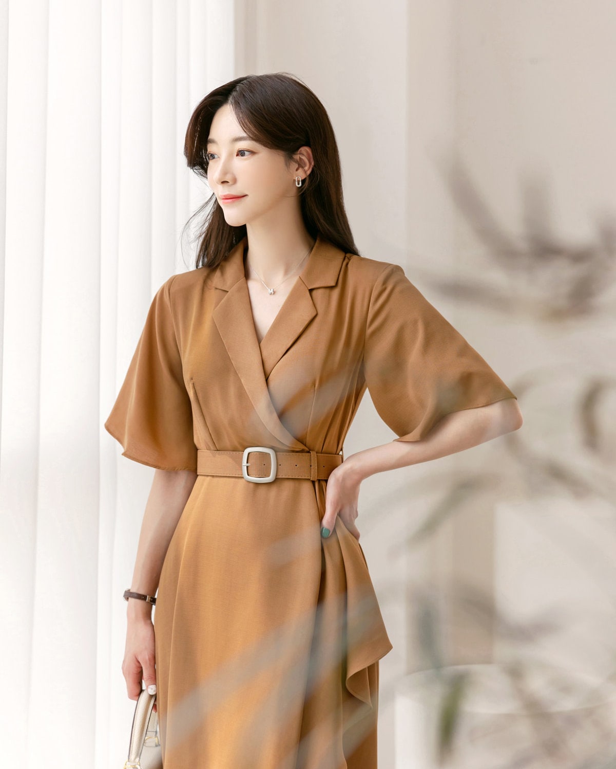 Draped Midi Dress / V-neck Spring Summer Dress / Korean Style Women Dress / Elegant Feminin Dress