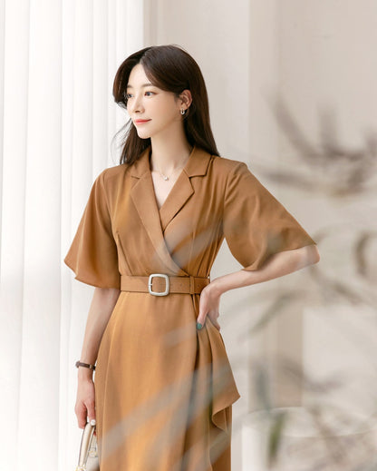 Draped Midi Dress / V-neck Spring Summer Dress / Korean Style Women Dress / Elegant Feminin Dress