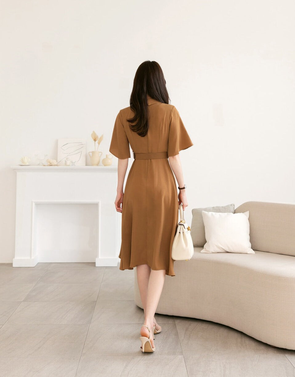 Draped Midi Dress / V-neck Spring Summer Dress / Korean Style Women Dress / Elegant Feminin Dress