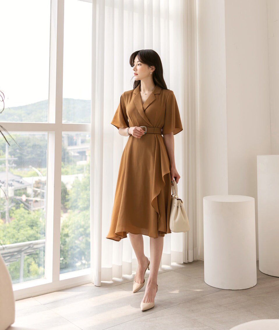 Draped Midi Dress / V-neck Spring Summer Dress / Korean Style Women Dress / Elegant Feminin Dress