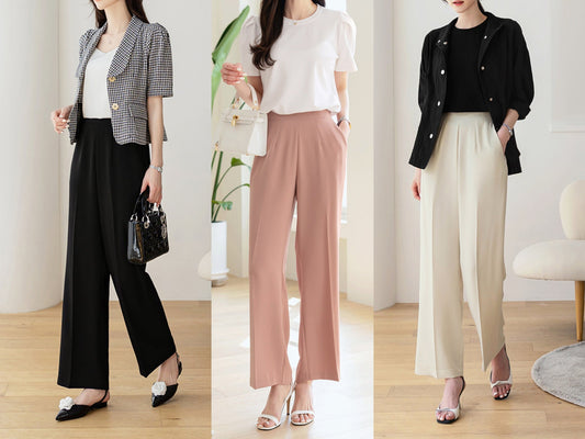 Comfortable Elegant Wide Pants for Women / Korean Style Women Elastic Waistband Pants / Comfortable Casual Office School Pants