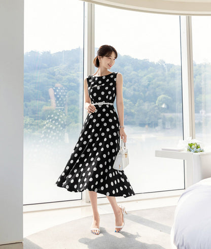 Feminin Dot Pattern Sleeveless Flare Dress with Belt / Korean Style Midi Long Dress / Clasic Simple Sleeveless Flare Dress for Women