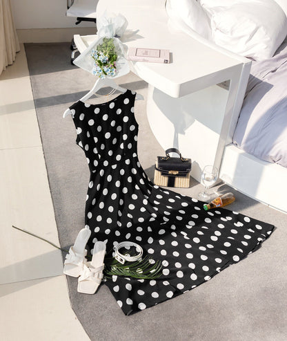 Feminin Dot Pattern Sleeveless Flare Dress with Belt / Korean Style Midi Long Dress / Clasic Simple Sleeveless Flare Dress for Women