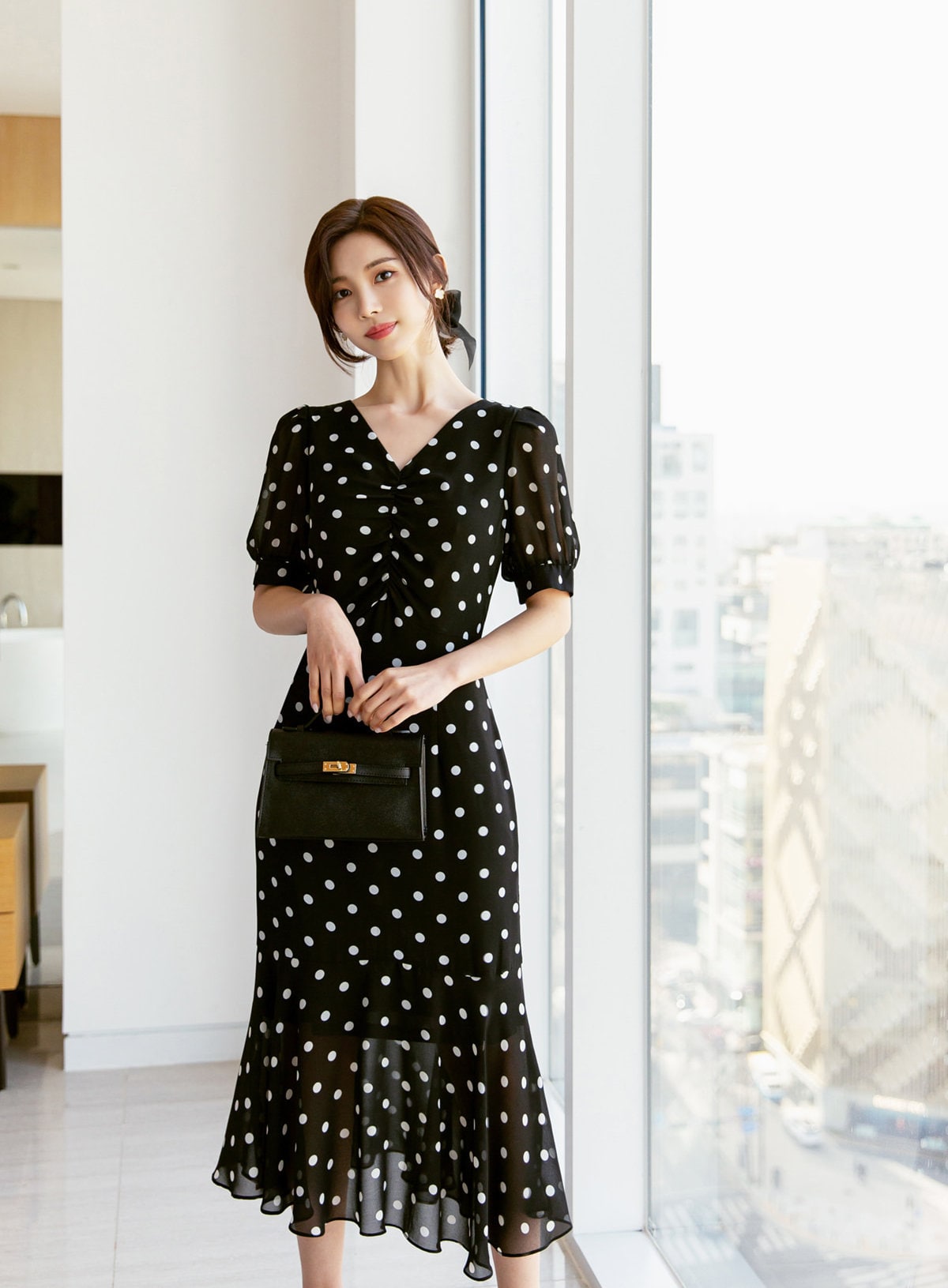 Dot Pattern V Neck Chiffon Long Dress / Korean Style Women Dress / V-neck Short Sleeve Spring Summer Midi Dress