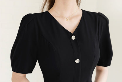 Elegant Short Sleeve Flare Dress / Korean Style V Neck Black Midi Dress with Jewel Button / Luxury wear Elegant Dress