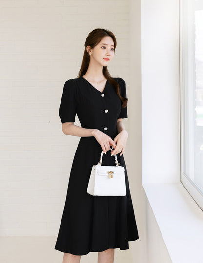 Elegant Short Sleeve Flare Dress / Korean Style V Neck Black Midi Dress with Jewel Button / Luxury wear Elegant Dress