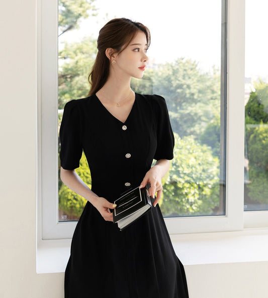 Elegant Short Sleeve Flare Dress / Korean Style V Neck Black Midi Dress with Jewel Button / Luxury wear Elegant Dress