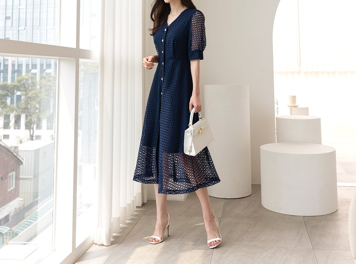 V Neck Puff Sleeve Eyelet Lace Button Long Dress / Korean Style Elegant Feminin Shirtdress / Short Sleeve Midi Dress in Navy Color