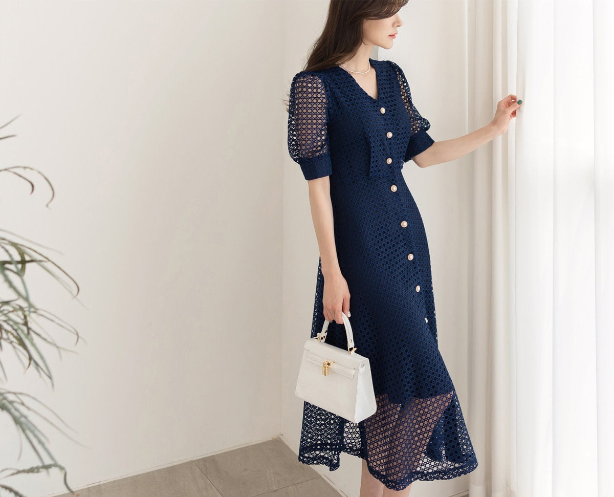 V Neck Puff Sleeve Eyelet Lace Button Long Dress / Korean Style Elegant Feminin Shirtdress / Short Sleeve Midi Dress in Navy Color