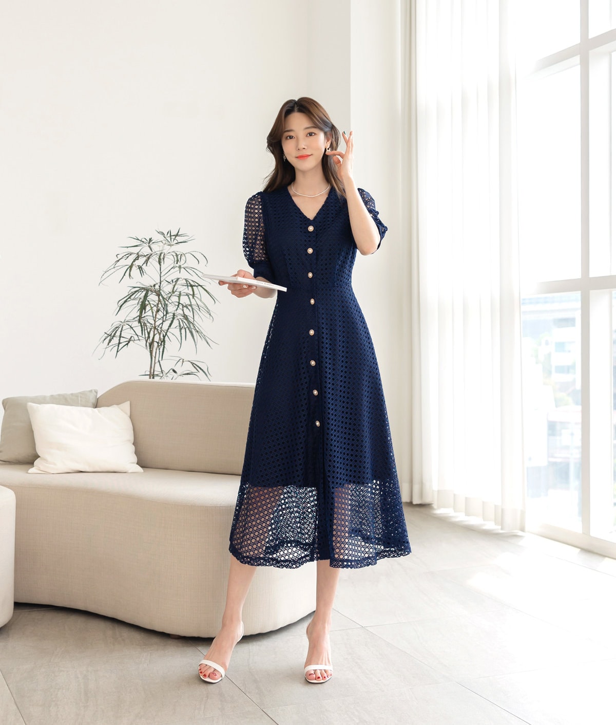 V Neck Puff Sleeve Eyelet Lace Button Long Dress / Korean Style Elegant Feminin Shirtdress / Short Sleeve Midi Dress in Navy Color