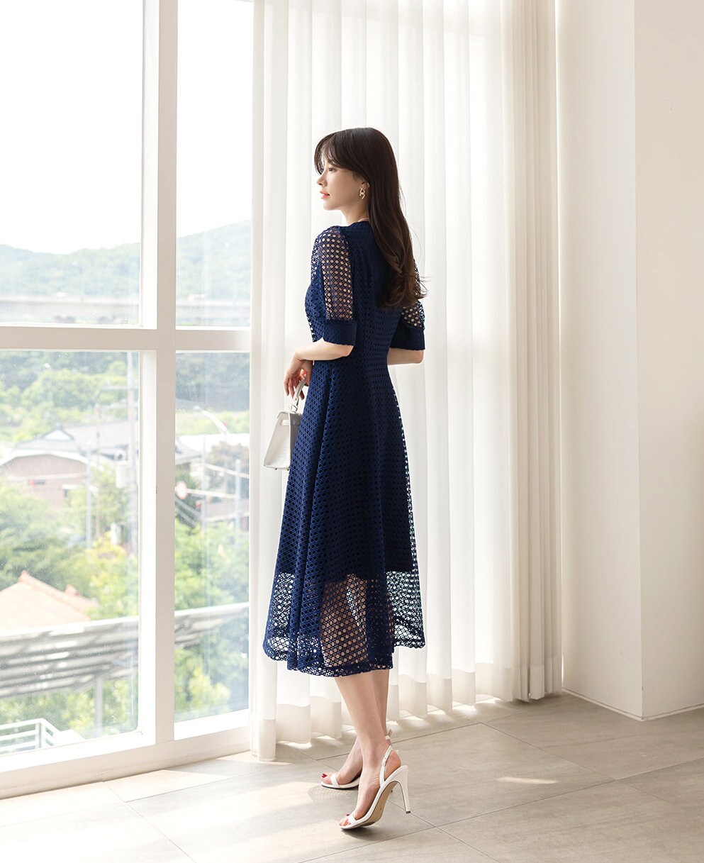 V Neck Puff Sleeve Eyelet Lace Button Long Dress / Korean Style Elegant Feminin Shirtdress / Short Sleeve Midi Dress in Navy Color