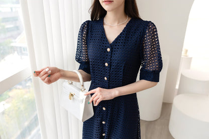 V Neck Puff Sleeve Eyelet Lace Button Long Dress / Korean Style Elegant Feminin Shirtdress / Short Sleeve Midi Dress in Navy Color