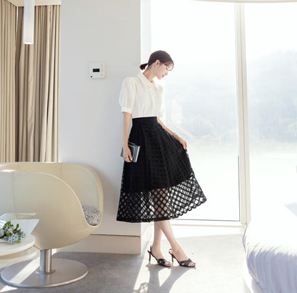 Elegant Feminine See-Through Flare Skirt / Korean Style Party Dress Skirt / Daily Dressy Midi Skirt