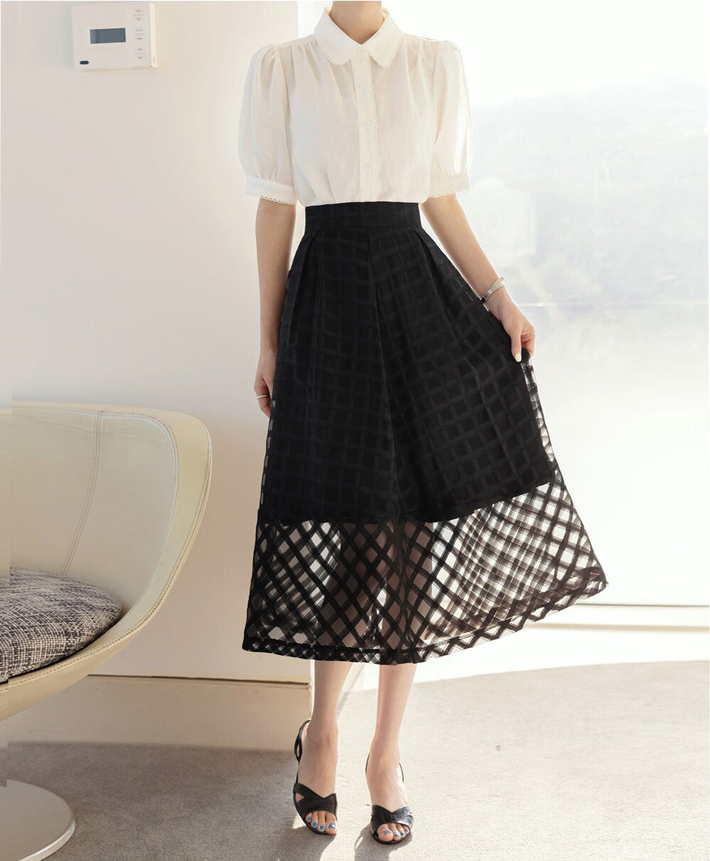 Elegant Feminine See-Through Flare Skirt / Korean Style Party Dress Skirt / Daily Dressy Midi Skirt