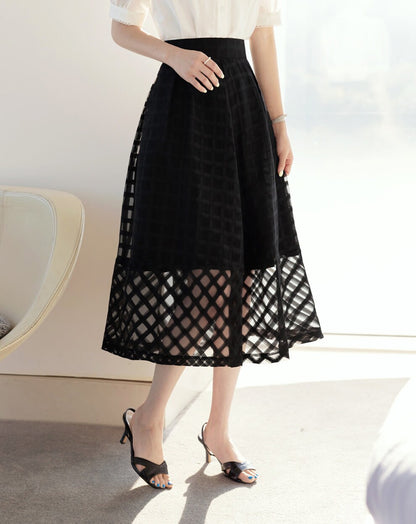 Elegant Feminine See-Through Flare Skirt / Korean Style Party Dress Skirt / Daily Dressy Midi Skirt