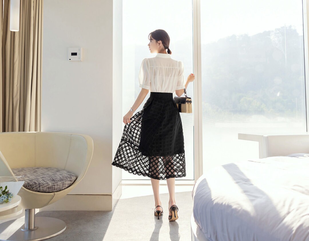 Elegant Feminine See-Through Flare Skirt / Korean Style Party Dress Skirt / Daily Dressy Midi Skirt