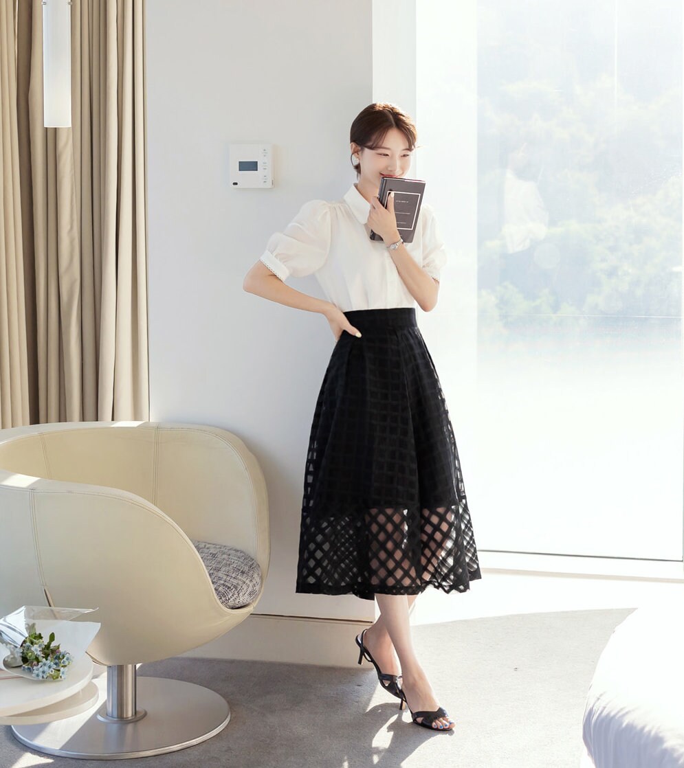 Elegant Feminine See-Through Flare Skirt / Korean Style Party Dress Skirt / Daily Dressy Midi Skirt