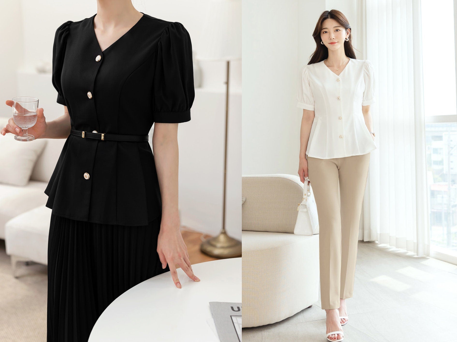 Elegant Feminin Peplum Top Jacket Blouse / Korean Style V Neck Summer Top Blouse / Front Button Top Jacket / Daily Top for Women