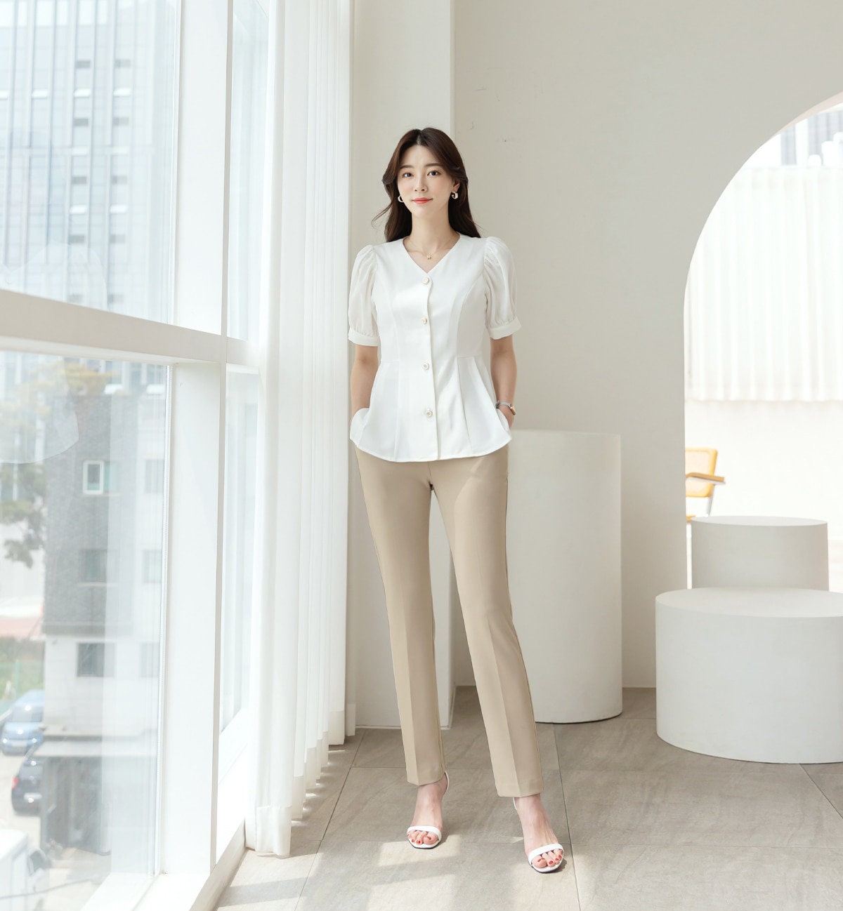 Elegant Feminin Peplum Top Jacket Blouse / Korean Style V Neck Summer Top Blouse / Front Button Top Jacket / Daily Top for Women