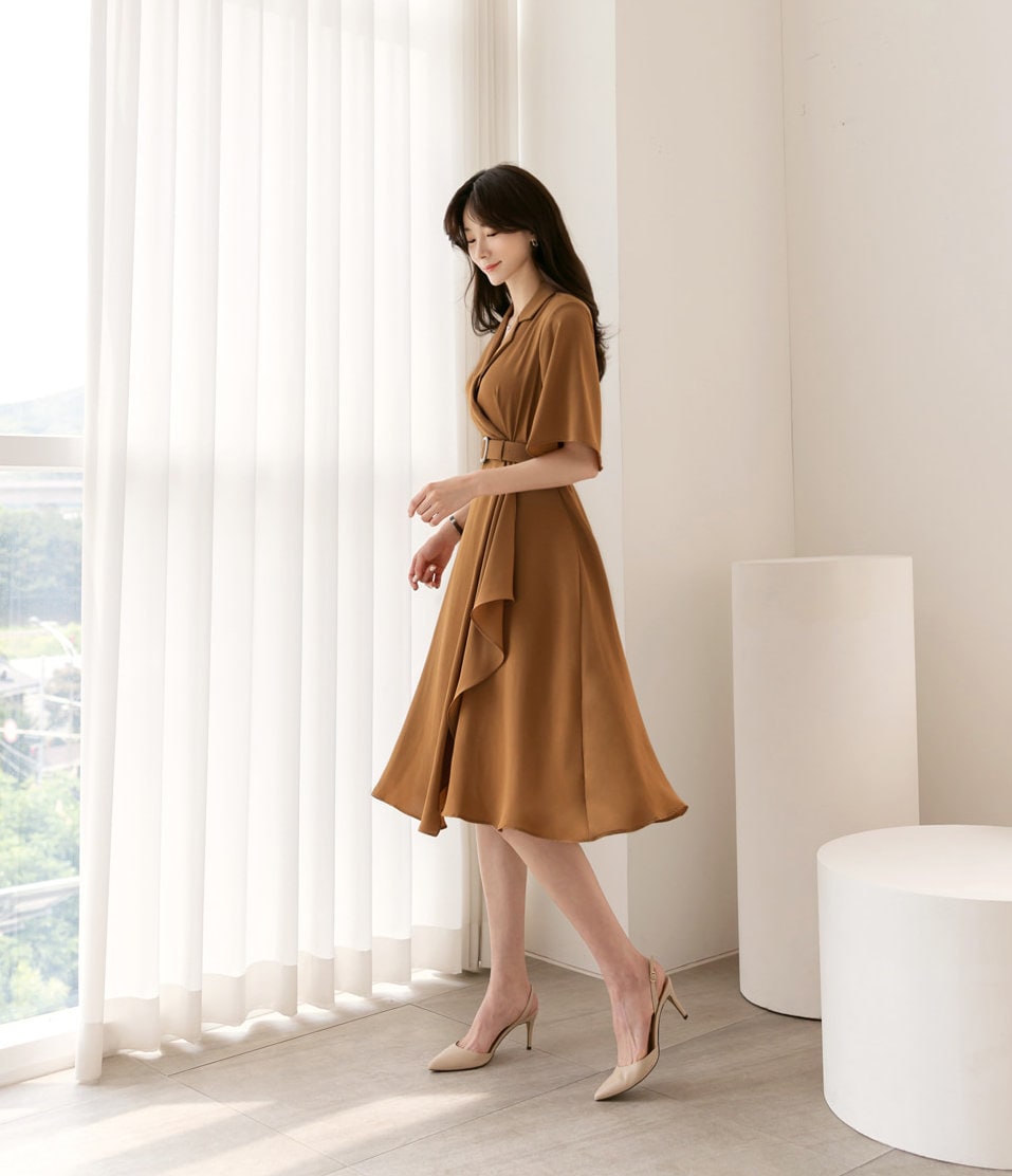 Draped Midi Dress / V-neck Spring Summer Dress / Korean Style Women Dress / Elegant Feminin Dress