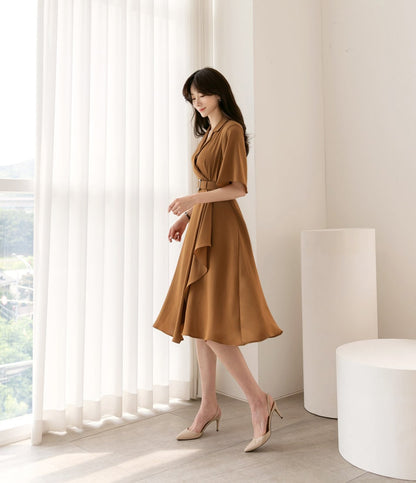 Draped Midi Dress / V-neck Spring Summer Dress / Korean Style Women Dress / Elegant Feminin Dress