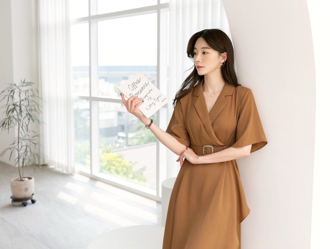 Draped Midi Dress / V-neck Spring Summer Dress / Korean Style Women Dress / Elegant Feminin Dress