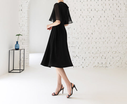 Half Wing Chiffon Sleeve Spring Summer Dress / Korean Style Black Midi Dress / Luxury wear Elegant Dress in Black Color