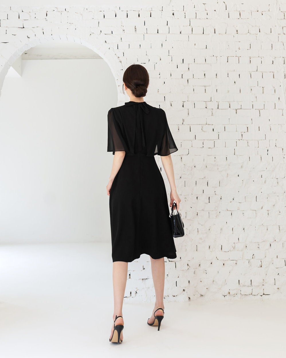 Half Wing Chiffon Sleeve Spring Summer Dress / Korean Style Black Midi Dress / Luxury wear Elegant Dress in Black Color