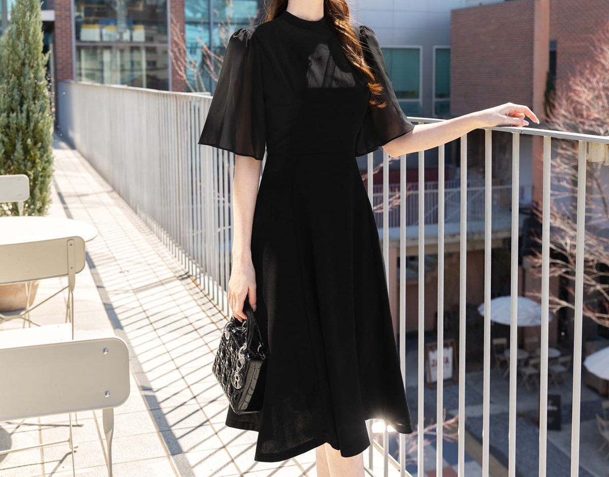 Half Wing Chiffon Sleeve Spring Summer Dress / Korean Style Black Midi Dress / Luxury wear Elegant Dress in Black Color